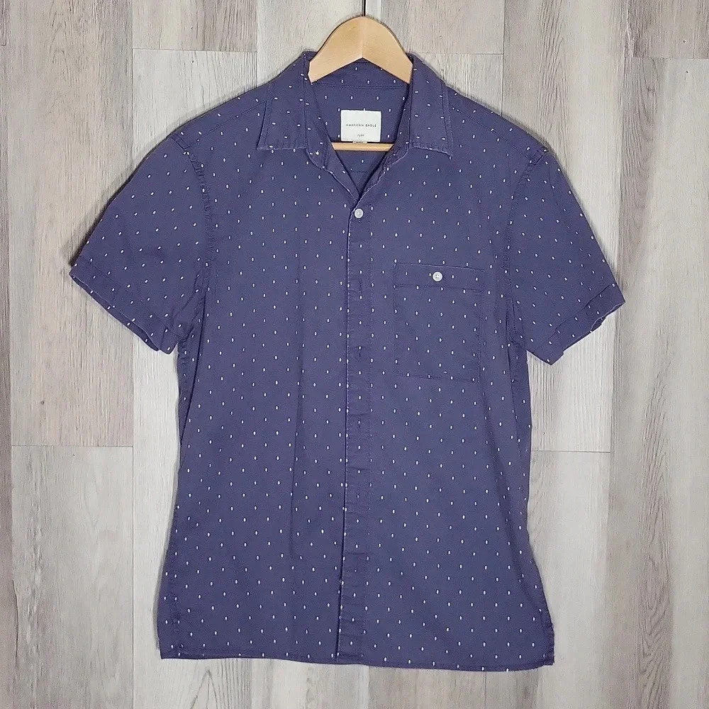 American Eagle Flex Collared Button Down Short Sleeve Blue Shirt Mens‎ Med